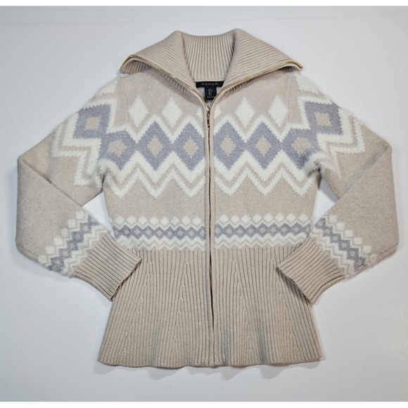 Tahari Sweaters - Tahari Womens Tan Fair Isle Collared Full Zip Knit Cardigan Jacket Size Small